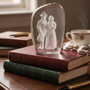 Vintage Hovmantorp Sweden Deep Etched Man & Woman Glass Crystal Paper Weight